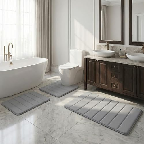 Xtrillogen 3 Piece Non Slip Bath Mat Set,Microfibre Plush Bathroom Mat,Includes U-Shaped Contour Toilet Rug,Anti Slip Accessories Design,Suitable for Bathroom,Bathtub and Shower Area(Light gray)
