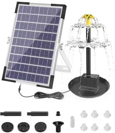 Solar Powered Fountain Pump, Outdoor Solar Water Feature Pump with 6W Solar Panel and 1500mAh Backup Battery, 160L/H Water Flow, 10 Spray Nozzles, for Garden Ponds, Pools, Bird Baths and Fish Tanks