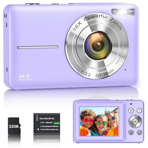 Cámara Digital 1080P 44MP Cámara de Vlogging para Niños Adolescentes, FHD Compacta Portátil con Pantalla de 2,4 Zoom 16X, Mini Cámara Anti-vibración para Principiantes Estudiantes-Morado