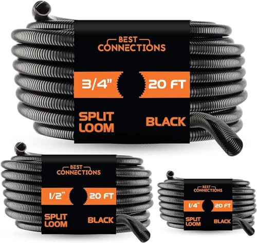American Terminal (1/4 X 20 ft) (1/2 X 20 ft) (3/4 X 20 ft) Assorted Split Wire Loom Flex-Guard Convoluted Tubing – Protective Split Cable Sleeves/Conduit – Black