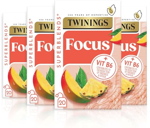 Twinings Superblends Focus Tea - Mango & Pineapple Herbal Tea Infusion with Ginseng & Vitamin B6 - Caffeine Free Energy Boost, 80 x Biodegradable Tea Bags