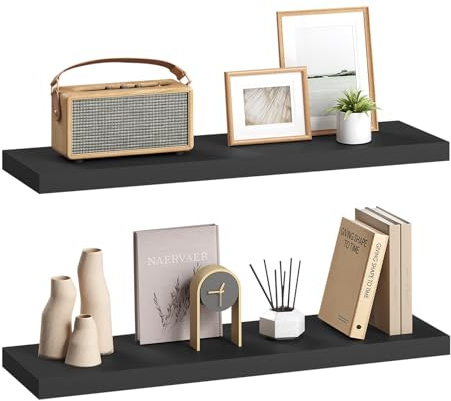 eSituro Set di 2 Mensole da Muro Nere in MDF, Mensole Cucina Salvaspazio, con Staffa Metallica Invisibile, per Soggiorno, Camera da Letto, Bagno, 80x22,9x3,8 cm
