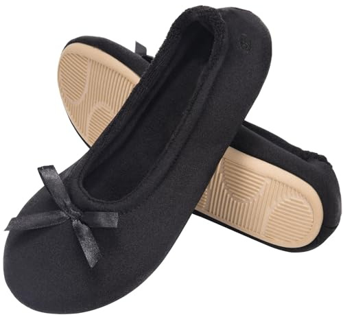 EverFoams Women's Satin Memory Foam Ballerina Slippers Cute House Shoes with Indoor Rubber Sole (Size 7-8 M US, Black)