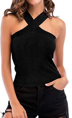 Mujeres Cruzadas en el Frente Recortado Halter Cuello sin Mangas Crop Top Vendaje Chaleco Tops Verano Sexy de Encaje Blusa Casual Adelgazante Cami Tank Strappy Sin Stretch