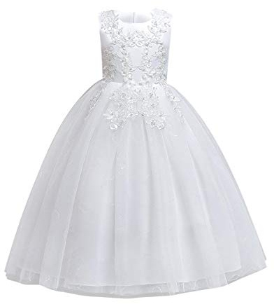 Vestito Bambina Fiore Damigella Ragazza Principessa Abito Maxi Pizzo Senza Maniche Floreale Lunga Gonna Tutu per Festa Compleanno Comunione Battesimo Vestiti da Matrimonio Ballo Bianca 9-10 anni