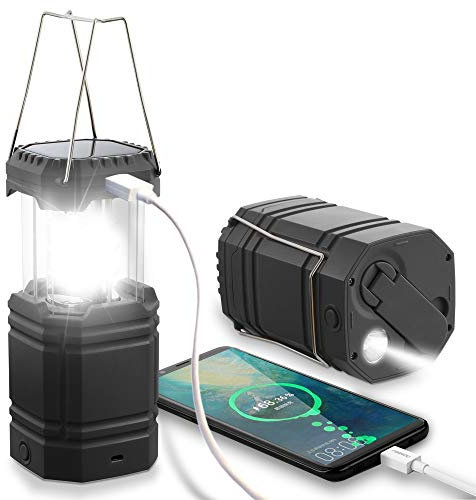 Solare Lanterna da Campeggio, Portatile Lampada Led Campeggio, Manovella, Porto USB, IPX4 Impermeabile, Batteria Ricaricabile 3000mAh, Luce di Sopravvivenza per Tenda L'escursionismo la Pesca (Nero)