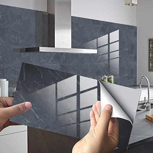 Hiser Adesivi per Piastrelle Marmo, Impermeabile a prova di olio PVC Autoadesivo Decorazione, Facili da Staccare e Applicare Adesivi Pavimento per Bagno Cucina Parete, 30x15cm (Antracite,4 Pezzi)