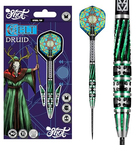 Shot! Steel Darts Celt Druid 90% Tungsten Steeltip Darts Steeldart Dartpfeile Set mit Schäften und Flights Made in Neuseeland (24 Gramm)