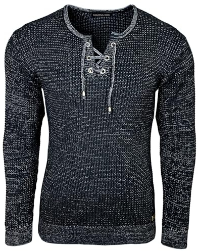 Subliminal Mode Maglione da uomo in maglia con scollo a V con laccio - Stile basic - Vestibilità aderente - Pullover lavorato a maglia invernale a maniche lunghe - Idea regalo BX52132, Nero , XXL