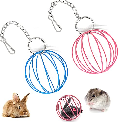 LATRAT 2 Stück Edelstahl Feeder Spielzeug, Heuball Futterbälle Metall Heuraufe Aufhängen Gemüsekugel für Nager Meerschweinchen Hamster Kaninchen, ø 8.5 cm