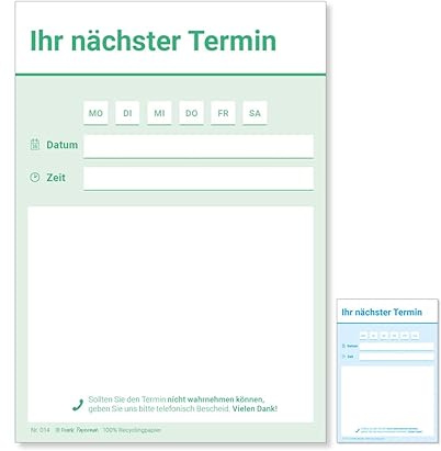 Frank Paperman® | 600 Terminzettel Praxis | 12 x Terminblock à 50 Blatt | grün | 1 Terminfeld pro Zettel | für Ärzte, Heilpraktiker, Physio, Massage, Studios u.v.m.