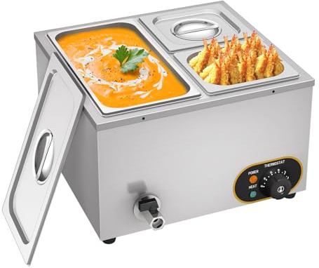 MOOTACO Bain Marie Électrique en Acier Inoxydable Commercial,3 Récipients | 30-85°C Température Réglable,1500W,Professionnel Buffets,Avec couvercles&robinet vidange,1xGN1/3+2xGN1/6 Récipients