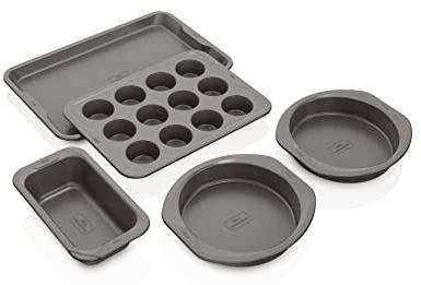 Ninja Foodi NeverStick B35005 Premium Backformen-Set, ofenfest bis 250 °C, mit 27,9 x 43,2 cm Backblech, 12 x 22,9 cm große Kastenform, 12 Muffinformen und (2) 22,9 cm runde Kuchenformen, Grau