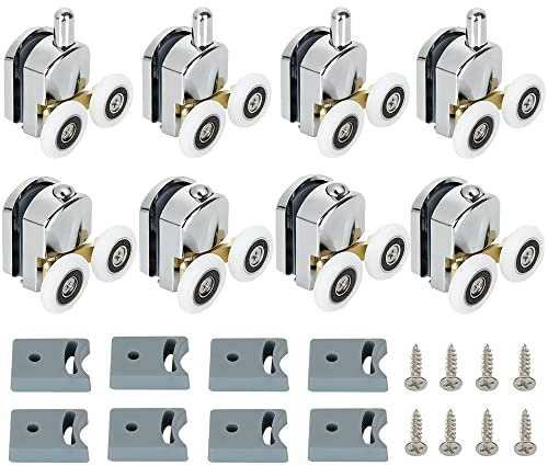 GOYADA Lot de 8 Roulette de Porte de Douche, Roulette Porte Coulissante Douche 23 MM, Roulettes pour Porte de Douche, 4 Supérieures et 4 Inférieures Argent