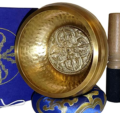 TARORO Tibetansk klangskål set, Ø12cm, handgjord i Nepal ~ Utmärkt till meditation och avslappning ~ Säljs med en blå sidenkudde, en läderklädd klubba och en blå Lotka-papperslåda