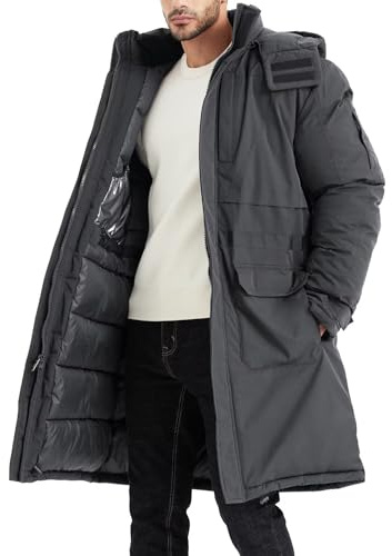 Rejork Men's Extra Long Parka Winter Coats Hooded Puffer Jacket Heavy Warm Water-resistant Outerwear Cold Weather Grey L