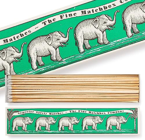 Elephants Green Extra Long Matches - Luxury Giant Retro Art Matchbox - White Tip Coloured Large Matchsticks - Candles Fireside Housewarming Gift