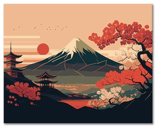 TISHIRON Kit de Peinture par Numéros - Style Japonais sur Toile pour Adultes, Enfants et Débutants - 40,6 x 50,8 cm - Sans Flamme