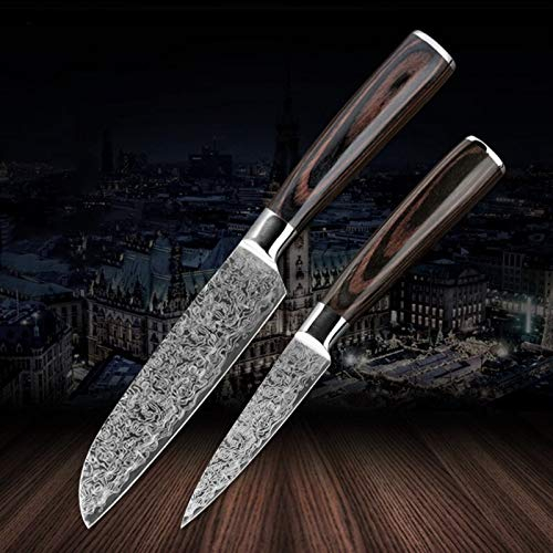 ECLAYA Couteau de cuisine chef viande coupée en acier inoxydable modèle Damas tranches de fruits pelés Utilitaire Santoku outil de cuisine ensemble (Color : 2PCS B)