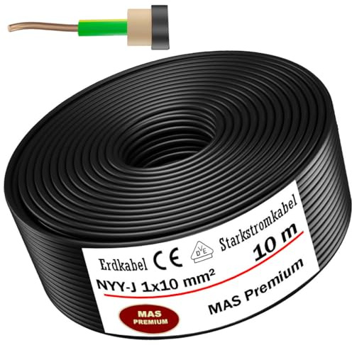 MAS Premium 5-100m Erdkabel Starkstromkabel NYY-J 1x4, 6, 10, 16 oder 25 Elektrokabel OFC Ring zur Verlegung im Freien, Erdreich (NYY-J 1x10 mm², 10m)