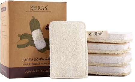 ZURAS - 8 vegane Luffaschwämme, Peelingschwamm und Reinigungsschwamm, Schwamm zur Hautreinigung, Geschirrspülen, Oberflächenreinigung und Fleckenentfernung