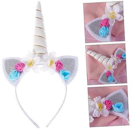 VICASKY Einhorn Haarreif Mit Horn Und Blumendekor Kopfschmuck Für Mädchen Junge Mädchen Cartoon Stirnband Für Cosplay Party Festivals Weiß