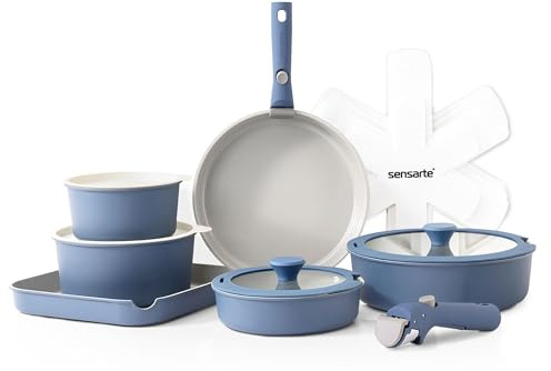 SENSARTE 17 Piece Ceramic Pots and Pans Set, Nonstick Detachable Handle Cookware, Induction Kitchen Cookware Set with Removable Handle (Navy)