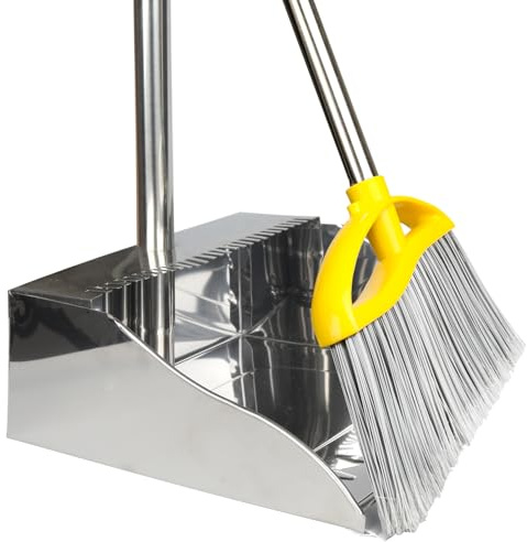 Stainless Steel Dustpan with Outdoor Stiff Bristles Broom,Long Handle Metal Dust Pan and Heavy Duty Broom for Home,Lobby,Office