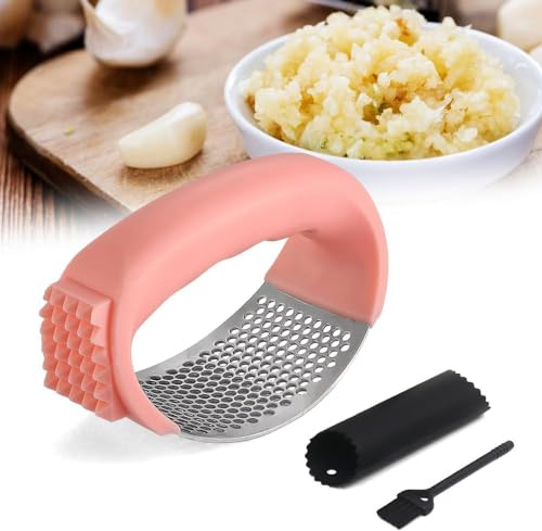 Stainless Steel Garlic Press Rocker Mincer with Peeler and Cleaning Brush, Garlic Chopper for Crushing - Pink
