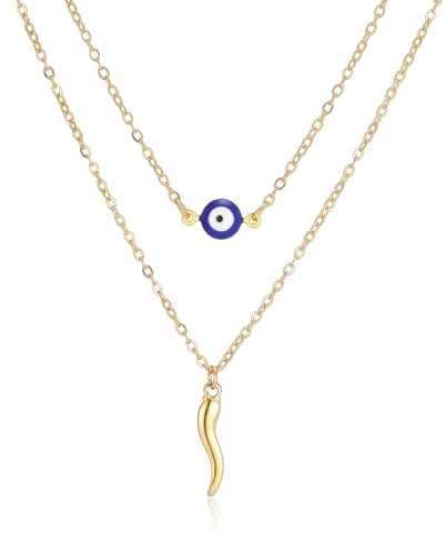 VASSAGO Collana con Ciondolo a Forma di Corno Italiano Collana a Strati per Donne con Occhio blu Turco Protezione Fortunata Regalo per Donne e Uomini (Oro)