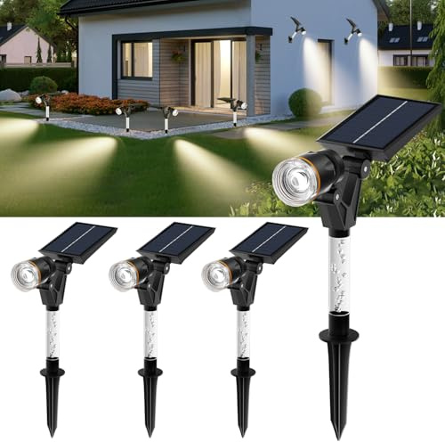 HAMLITE Solar Garden Spotlights, Solar Spot Lights Outdoor Garden, Wall Lights Waterproof, 6000K Cold White Outdoor Pathway Lights for Driveway, Patio, Camping, Ground Lighting- 4 Packs