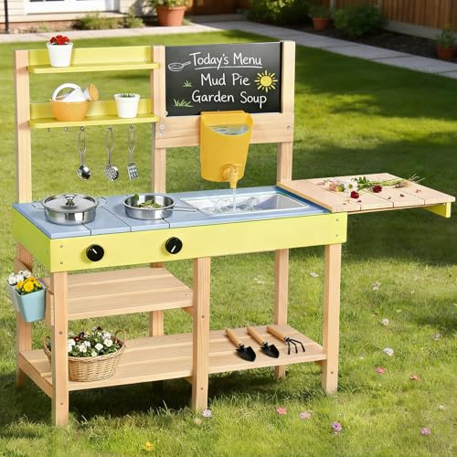 Dreamon Mud Kitchen, Wooden Outdoor Toys for Toddlers Age 3-5, Garden Kitchen Set for Kids with Water Sink, Blackboard and Gardening Accessories Cooking Games Gifts for Boys Girls Age 3+ Year Old