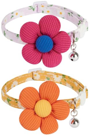 Katzenhalsband mit niedlichem Blumenmuster, verstellbar, dekoratives Welpenhalsband mit Sicherheitsschnalle und Glöckchen, für Haustierpartys, Orange und Hot Pink, 2 Stück