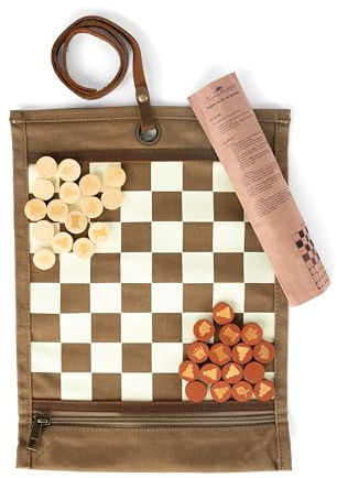 Alaskan MAKER - Schachspiel & Damen 2-in-1 – Teppich aus gewachstem Segeltuch, aufrollbar – Spielsteine aus Holz – Riemen aus Vollnarbenleder – ideal für Reisen & Spielen überall (Havanna)
