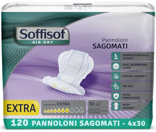 Soffisof Air Dry Pannoloni Sagomati Extra - 120x Pannoloni per Anziani - 4 Confezioni da 30 Pezzi, Assorbenza fino a 7 Gocce - Ausili Incontinenza Uomo e Donna