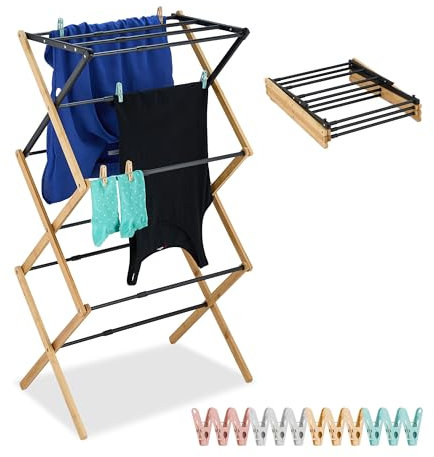 Relaxdays Stendibiancheria Pieghevole, Stendino Verticale a Torre, 11 Aste, Mollette, 105x43-75x37 cm, bambù e Acciaio, Plastica
