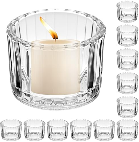 QWORK® Set of 12 Ribbed 5 cm x 3.5 cm Clear Glass Candle Holders Tea Light Holders for Weddings, Parties, and Home Décor