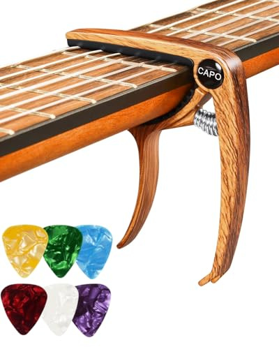 TPZORJX Capotasto Chitarra Acustica, con 6 Plettri Chitarra, Capotasto per Classica Chitarra Elettrica Ukulele Bass Violino Alloy Nero