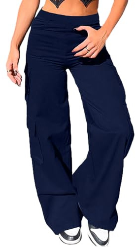 Nuofengkudu cargobyxor dam breda byxor stretch hög midja cargoväskor bootcut utsvängda byxor dambyxor med elastiskt band Y2K tonåring flickor arbetsbyxor utomhus, Marinblå, XL