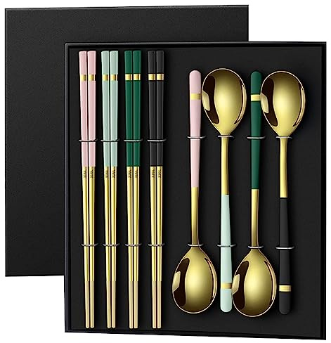 palillos japoneses palillos coreanos Palillos de acero inoxidable modelo casero 4 cucharas 4 tabletas de palillos caja de regalo