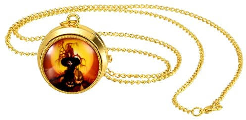 JewelryWe Halloween Taschenuhr mit Kette Gold Vintage Analog Quarz Kettenuhr Drehbare Abdeckung Uhr Gothic Anhänger Halskette für Damen Herren Cosplay