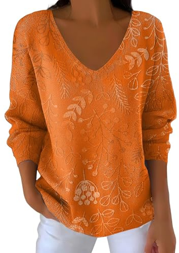 Pull Femme Long Et Chaud Pull Léger Femme T Shirt à Manches Longues Et Rayures pour Style Décontracté Motif Citrouille Automne Grande Taille Pullover Hiver Chaud Orange M