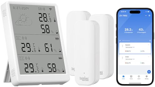 Luminea Home Control Funk-Thermometer außen: WLAN-Temperatur- & Luftfeuchtigkeits-Set mit Display, 3 Sensoren (Heim-Hygrometer-Thermometer, Außentemperatur-Hygrometer-Monitor, WC)
