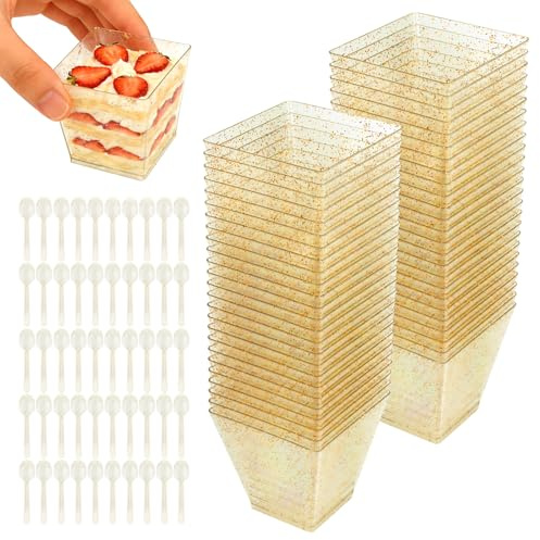 UTOCLEC Vasitos para Postres, 50 Piezas 70ml DIY Plastico Vasitos con cucharas, Aperitivos Transparentes Reutilizables para Pudín, Mousse, Helado, Cumpleaños, Bodas