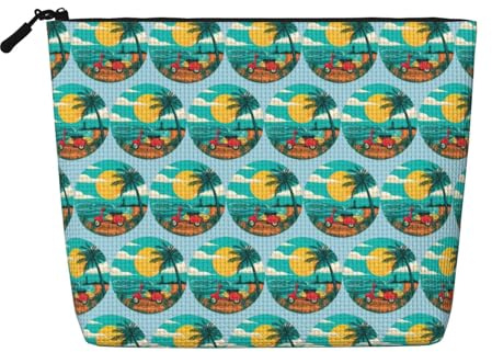 Sunset Beach Palm Tree Women's Organizer Travel Pouch Fake Hemp Cosmetic Bag Large Capacity Zippered Case