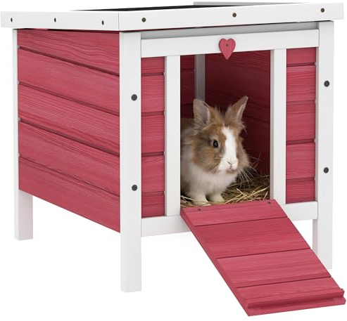 PawHut Clapier à Lapin Cage à Lapin avec rampes/Porte, Toit ouvrant et étanche - en Bois de Sapin dim. 51L x 42l x 43H cm Rouge et Blanc