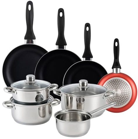 Well Home Pack Batería de cocina 7 Piezas en acero inoxidable + Sartenes Ø16Ø20Ø24Ø28cm Aluminio prensado Cobre metalizado