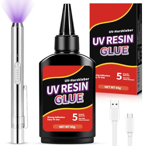 UV-hartssats med lampa, 65 g UV-lim, snabb härdning på 5 sekunder transparent UV-harts för smycken, plast- och glasreparation, gör-det-själv och hantverk (B)