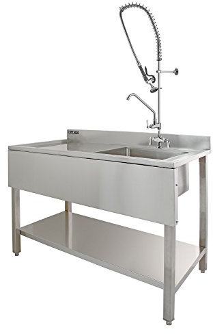 KuKoo Gastro Profi Edelstahlspüle Spültisch Spülbecken Gastrospüle Spüle Spülbecken Waschbecken Abtropffläche Links 120cm L x 60cm B x 105cm H mit Geschirrbrause Wasserhahn mit Ablagefläche Edelstahl