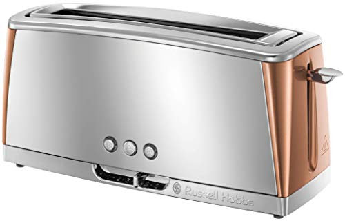 Russell Hobbs Long Slot 2 Slice Luna Toaster with faster toasting Technology (6 Browning levels, Defrost/Reheat/Cancel function, Lift & Look feature,) 1420W, Stainless Steel with Copper accents, 24310